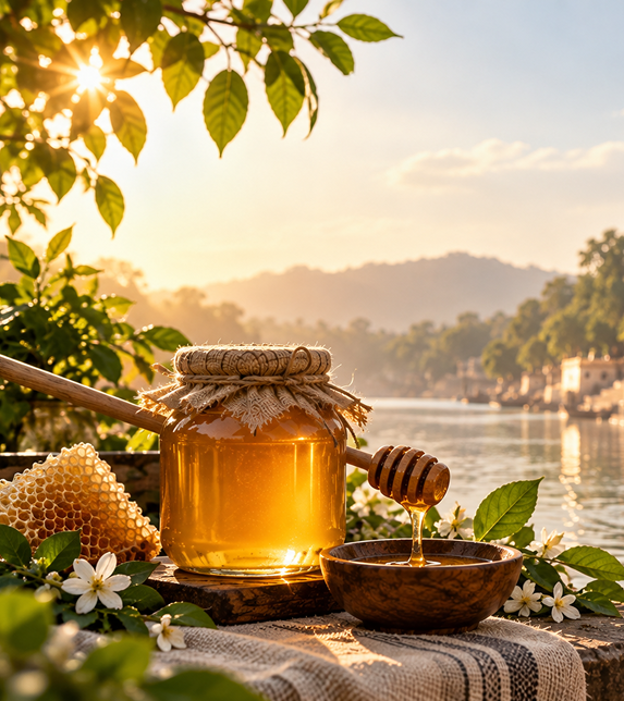 Jar of honey with a wooden dipper beside a river at sunrise